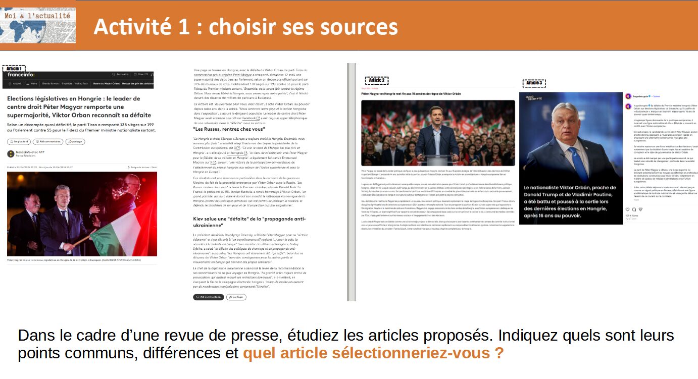Extrait du diaporama présentant les 3 articles proposés aux élèves.